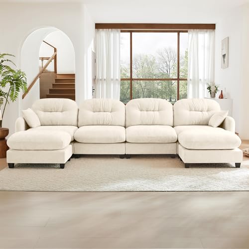 Image of KEIKI 140 inch U-Shaped Oversized Chenille Modular Sectional Sofa with 2 Ottoman, High-Density Foam Cushions, Tufted Pleated Cushion Backrest, Modern 4-Seater Couch with 2 Pillow, for Living Room, Beige
