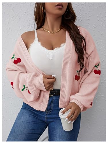 MakeMeChic Women's Plus Size Embroidery Cardigan Open Front Lantern Sleeve Cardigan Sweater Drop Shoulder Crop Cute Outerwear3