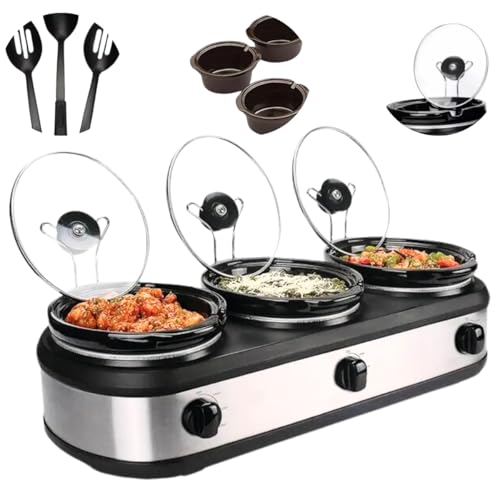 Rechaud Elétrico Triplo Buffet Slow Cooker em Aço Inox Prateado 220V — 3 Panelas Cubas de Cerâmica 2,4L