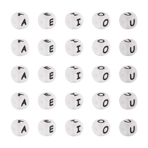 Contenuto della confezione: 50 perline cubiche in silicone con lettere, 12 x 12 x 12 mm, foro: 2 mm. Lettera: A, E, I, O, U, 10 unità/lettera