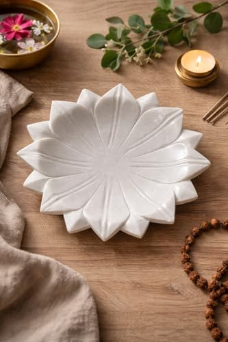Image of Art Marble Bowl Pot, Lotus Bowl, Lotus Pot Decorative Showpiece - 9 inch Length and 2 inch Depth (Marble, White)