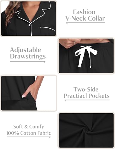 Image of COLORFULLEAF Women's 100% Cotton Pajamas Set Button Down Sleepwear Short Sleeve Shirt and Long Pants Soft Ladies Lounge Sets