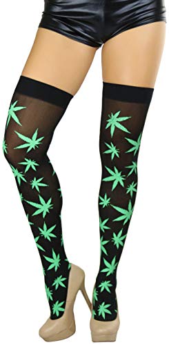 Image of ToBeInStyle Women's Thigh High Stockings Bodystocking Tights Medicinal Cannabis Marijuana Weed Leaf Print Festival Hosiery