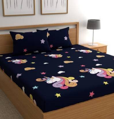 SinghsVillas Decor Cartoon Printed Cotton Double Bedsheet with 2 Pillow Covers (Blue Unicorn)