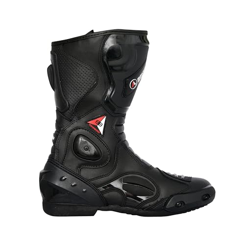 Bohmberg Spartans Motorradstiefel Herren-ergonomisch-leicht, Motorradschuhe aus echtem Leder mit aufgesetzten Hartschalenprotektoren Schwarz - EU 46