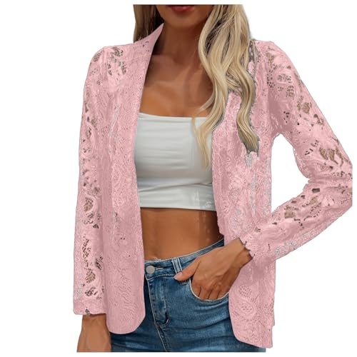 Women's Lace Open Front Long Sleeve Sheer Elegant Casual Blazer Jacket