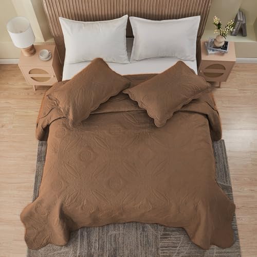 Image of Kingnex Oversized King Bedspreads 128x120 for Extra Wide Tall King or Cal King Bed Ultrasonic Quilted Coverlet Set 3 Piece Include 1 Quilt 2 Pillowcases Coffee