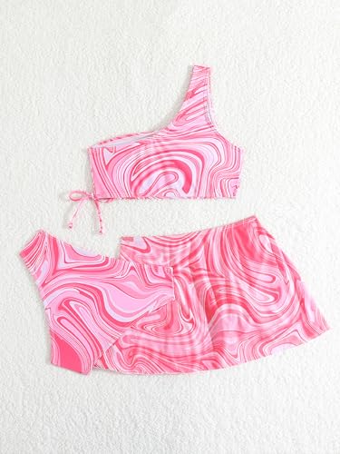 Image of Girl's 3 Piece Bikini Set Marble Print Bathing Suit One Shoulder Swimwear with Skirts Cover Ups Pink 150