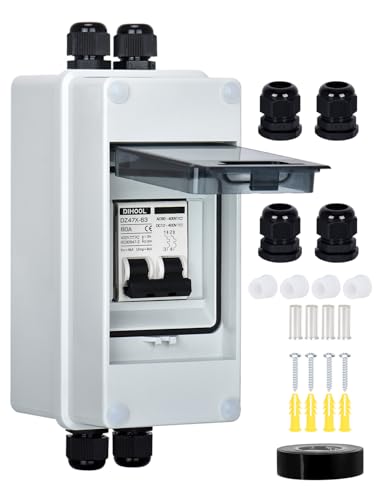 DIHOOL AC DC Circuit Breaker with IP65 Din Box for Solar Systems, 60 Amp 2 Pole 12V-400V, Non...