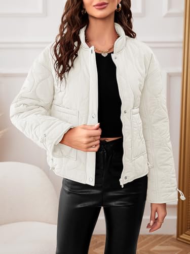 MEROKEETY Women's Quilted Bomber Jacket: Cozy Beige Winter Layer, Size Small - Image 8