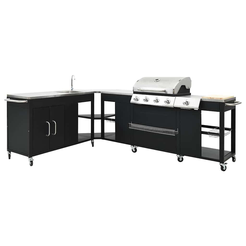 Gasgrill-Set 4+1 HOEK DE Modell Edelstahl Stahl mit 48.000 BTU, Seitenbrenner, Temperaturanzeige, Schneidebrett, Spüle, mobil für Outdoor-Küche, Camping, Party, Haushalt