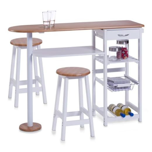 Zeller 13776 - Barra para Cocina con 2 taburetes (Tablero DM, Mesa: 118 x 38 x 89 cm, taburetes: 29 x 29 x 54 cm), Color Blanco y Madera de bambú