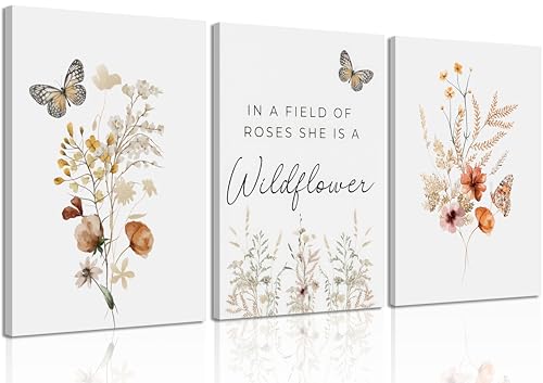 3 Pcs Watercolor Flowers Canvas Wall Art In A Field