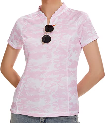 Women's Short Sleeve Golf Polo Shirts, Zipper Collar Shirt, Slim Fit Lightweight Tennis Tops With Quick Dry, Mositure Wicking, Stretcy (Pink Camouflage,Medium,M) #TOP15