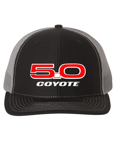 Ford Mustang Coyote 5.0 Engine Logo Embroidered Richardson 112 Snapback Trucker Hat Cap Black/Charcoal