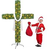 6 Ft Christmas Cross Tree with 100 Lights and a White Silk Scarf Christmas Christian Decorations Indoor Jesus Christ Catholic Cross Decor He is Risen for Home Decor