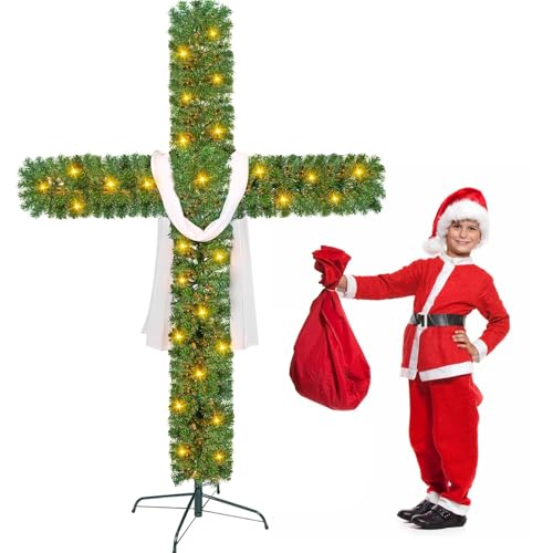 6 Ft Christmas Cross Tree with 100 Lights and a White Silk Scarf Christmas Christian Decorations Indoor Jesus Christ Catholic Cross Decor He is Risen for Home Decor