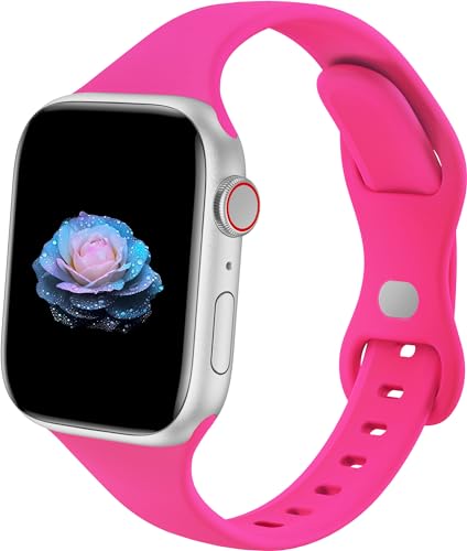 Sycamond Thin Silicone Band Compatible with Apple Watch 41mm 40mm 38mm, Slim Narrow Replacement Sport Strap Wristband for iWatch Series SE 9 8 7 6 5 4 3 2 1 Women Men, S/M Hot Pink