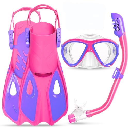 Snorkeling Gear for Kids Ages 5-15, 4 in 1 Mask Fins Snorkel Set with HD Tempered Glass Panoramic View Anti-Fog Mask, Dry Top Snorkel, Adjustable Trek...