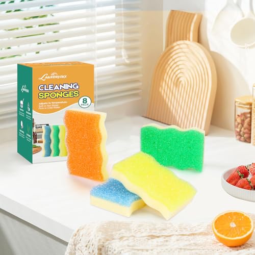 Image of LAUNDRYLUX Scrub Sponge, 8 Pack Dual-Sided Temperature-Responsive Scrubber - Non-Scratch - Multipurpose Dish Sponges for Kitchens, Bathrooms, and Outdoor Use - Wave-Shaped