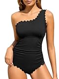 Model wearing Summer Mae One Shoulder Women's One Piece Swimsuit Ribbed Scalloped