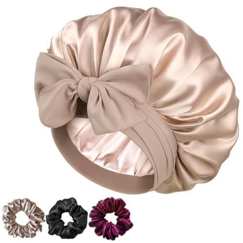 Image of Soft Silk Bonnet With 3 Scrunchies, Adjustable Silky Hair Cap for Sleeping, Satin Bonnet for Curly Hair With Soft Jersey Fabric Tie Band (Rose) (Rose)