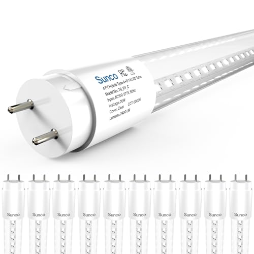 Sunco 10 Pack T8 LED Bulbs 4 Foot 48 Inch Tube Light Bulbs Fluorescent Replacement Single or Double Ended Hybrid Type A+B 2400 LM 20W 6000K Daylight Deluxe Clear Lens ETL