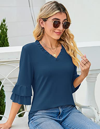 Image of TFSDOD Womens V Neck 3 /4 Bell Sleeve Tops Frill Neck Tiered Ruffle Sleeve Shirts Casual Spring Summer Loose Tunic Blouses