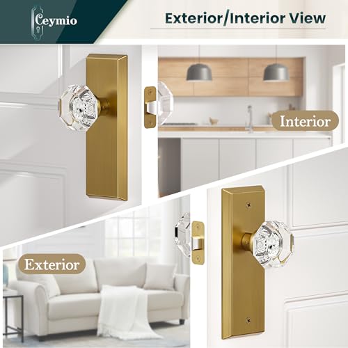 Image of Glass Door Knobs for Interior Doors - Vintage Crystal Passage Closet & Hallway Door Knob - Diamond Cut Door Handle - Antique Brass Finish (1 Pack 7 Inch Height)