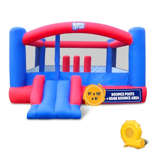 Sunny & Fun Inflatable Bounce House | Giant 12x10.5 Feet Blow-Up Jump Bouncy Castle for Kids with Air Blower, Stakes & Repair Kit | Easy Set Up for Hours of Backyard Play & Party Fun | Ages 3-10