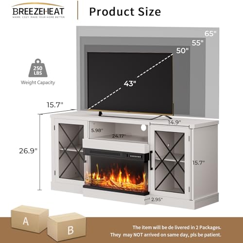 Image of BREEZEHEAT Fireplace TV Stand for TVs up to 70 inch, 3-Sided Electric Entertainment Center with 24 inch LED Fireplace, Media Console w /Storage Cabinet & Glass Doors, 59Inch, White