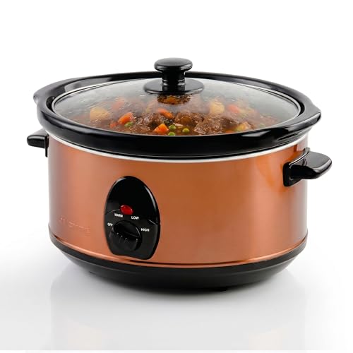 Image of OVENTE 3.7 Qt Electric Slow Cooker, 3 Heat Settings, Copper SLO35ACO | 200W Non-Stick & Dishwasher Safe Stoneware, Stainless Steel Body, Glass Lid, Oval Pot for Entrees, Soups, Sauces, Stews, Dips