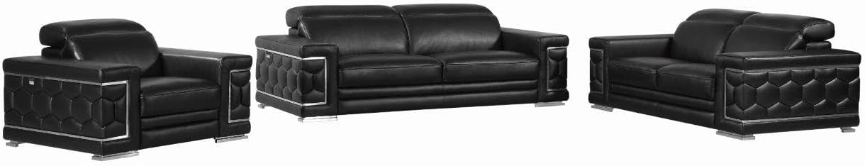 Blackjack Furniture Usry Top Grain Italian Leather Set with Multi-Position Adjustable Headrests, Elegant Contemporary Design with Chrome Trim and Durable Wood Frame, Chair, Loveseat, Sofa Set, Black