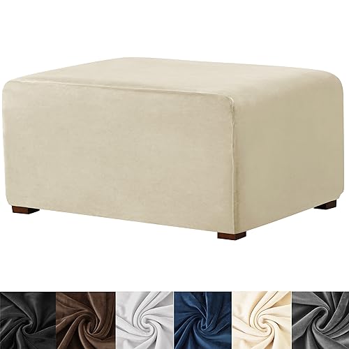 HFCNMY Ottoman Cover Rectangle,Stretch Velvet Slipcovers Rectangle Thick Covers Slipcover for Ottomans Soft Foot Stool with Elastic Bottom Beige X-Large (ASMFDT20230725-9)