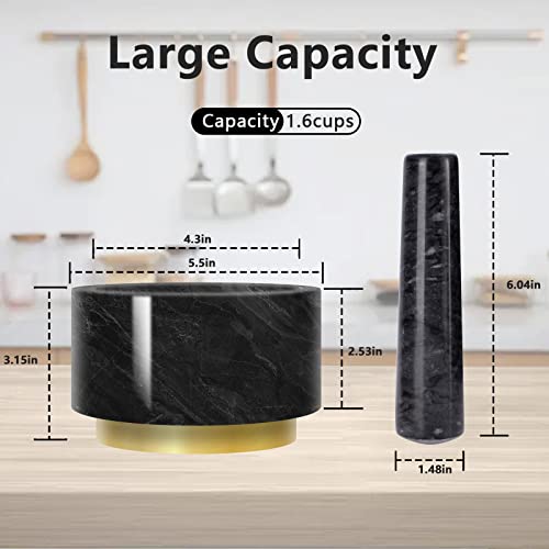 Luvan Mortar And Pestle Set,5.5 Inch 1.6 Cups Polished Natural Marble Stone Grinder Bowl Large,Non-Slip Copper Base Easy Clean,For Crushing/Grinding-Guacamole,Spices,Salsa And Pesto (Black) #TOP1