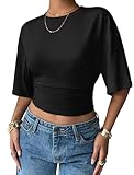 Sampeel Tops for Women Trendy 2026 Going Out Summer Tshirts Shirts Slim Fit Fashion Clothing Basic Tees Y2k Sexy Plain T Shirts Ruched Waist Black M