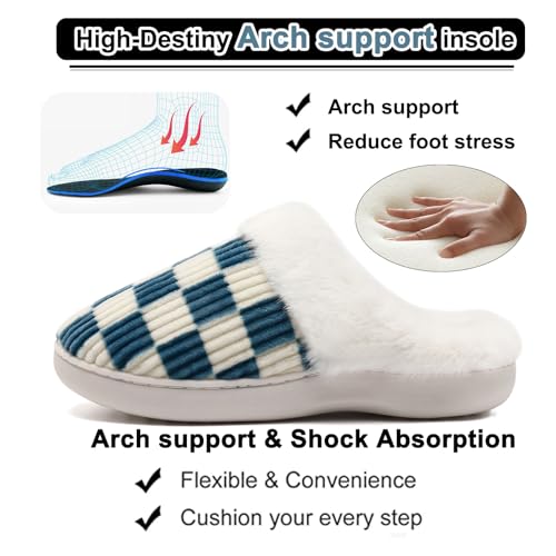 Image of Yueerlu House Slippers for Women Men, Fuzzy Checkered Mens Womens Slippers Warm Memory Foam House Shoes Indoor Outdoor with Faux Fur Lining