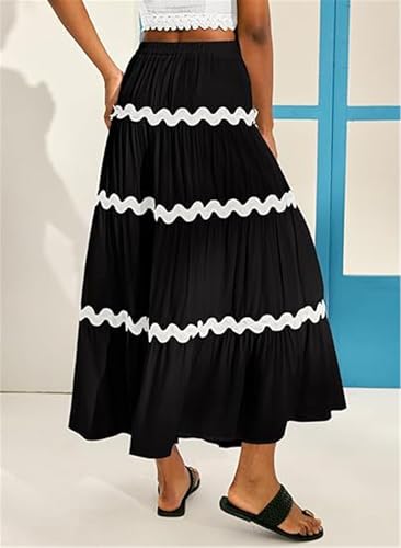 Womens RIC Rac Flowy Boho Maxi Skirts Elastic High Waist Wave Tiered A Line Long Beach Skirts2