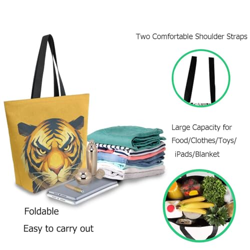 Cartoon Unhappy Tiger Orange Extra Large Canvas Gym Shoulder Tote,Durable Daily Reusable Top Handle Bag for Mens Womens Yoga Weekender Picnic Beach Travel Market Shopping2