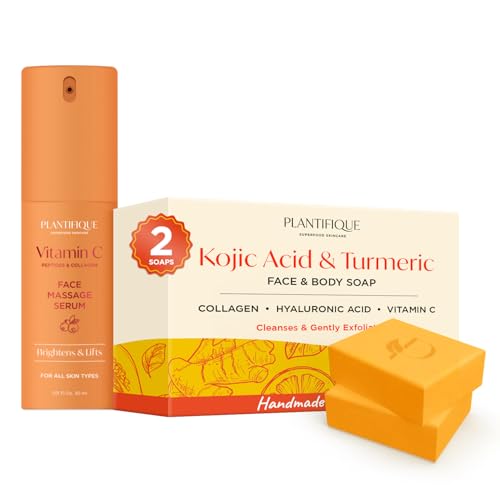PLANTIFIQUE Jabón de Curcuma y Acido Kojico, 2 Barras con Vitamina C & Serum Facial Coreano para Gua Sha Masaje con Vitamina C - Suero Antiedad, Antiarrugas y Antimanchas, Vitamin C, 30 ml