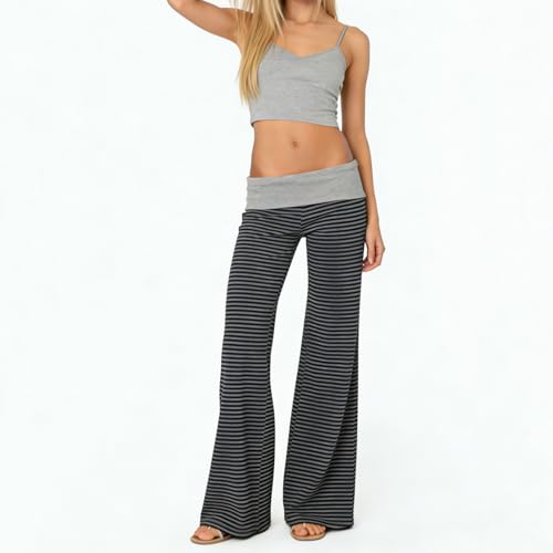 Image of Lounge Yoga Pants for Women Fold Over Low Waist Wide Leg Bell Bottoms | Y2K Foldover Pants, Flare Leggings, Low Rise Yoga Sweatpants