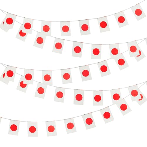 Japanese Flag Banner 33 Ft, 30 Mini Japan Flags, Polyester String Bunting for Indoor Outdoor Decor, Parties, Classrooms, Sports Events, and National Celebrations