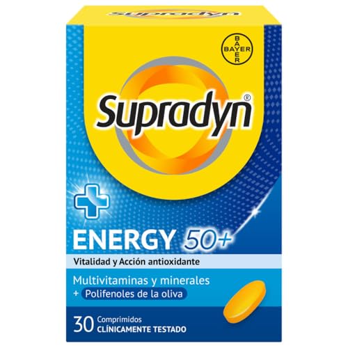Supradyn Energy 50+ Complejo Vitamínico Con Antioxidantes Para Mayores De 50, 12 Vitaminas, 9 Minerales Y Polifenoles De La Oliva, Energía Con Efecto Antioxidante, Oliva, Amarillo, 1 Unidad (Paquete de 1), 30 Comprimidos