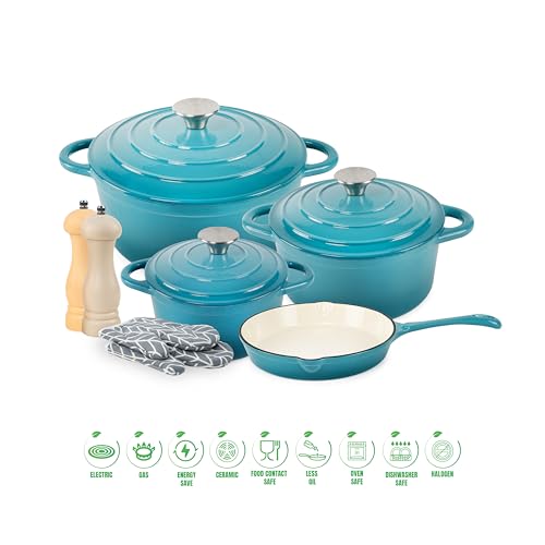 VAV GET Saludable y seguro, juego de 7 piezas de utensilios de cocina de hierro fundido esmaltados antiadherentes. El juego incluye: sartén de horno holandés de 24 cm, utensilios de cocina de horno