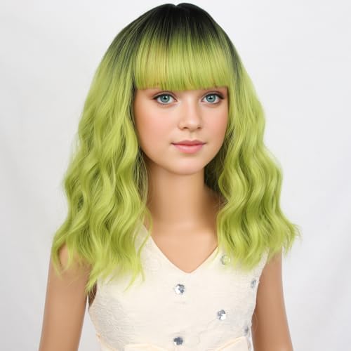Image of PATTNIUM Girls Ombre Green Wig Short Curly Wavy Wig for Kids Green Bob Wigs with Bangs Curly Wavy Synthetic Wigs