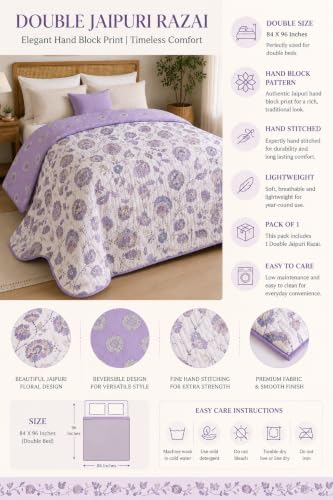 Image of RRC Cotton Jaipuri Rajai for Double Bed | Floral Print AC Comforter | Lightweight 200 GSM Summer Quilt | Soft Breathable Cotton Quilt | Pack of 1