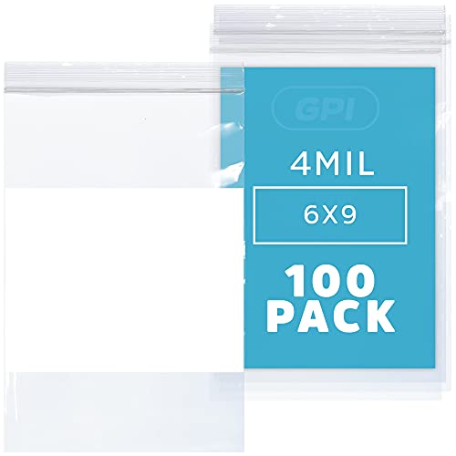 GPI - 6" x 9" - Bulk Pack of 100, 4 Mil Thick, Heavy Duty, Clear Plastic Reclosable Zip Bags, With Write-on White Block for Labeling, Strong & Durable Poly Baggies With Resealable Zipper Top Lock. by GPI - Used condition - US$15.12