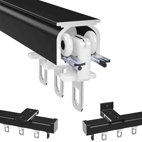 アルミ レール 頑丈な重量用カーテンレール、壁付け・天井付け カーテンレール シングル カーテンロッド、静音 プライバシー 間仕切り 角型 大型レール 50cm-600cm、出窓用 カーテンレール おしゃれ 耐重型 自由に切れ 取り付け簡単(Black,4