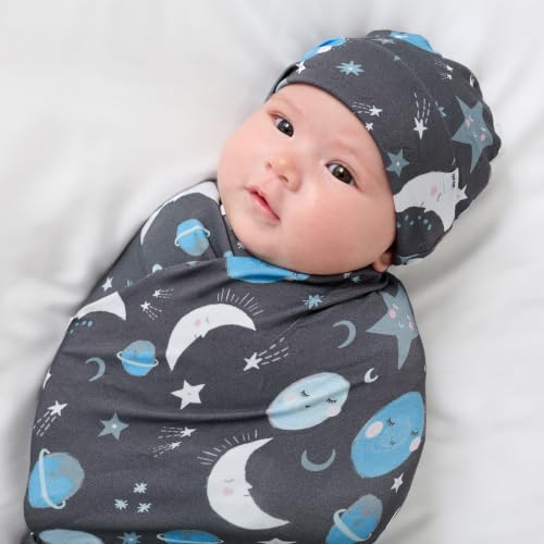 Image of Little Sleepies Swaddle & Hat Set, Baby Swaddles Newborns, Soft Viscose from Bamboo Swaddle Blanket Wrap (Blue to the Moon & Back)