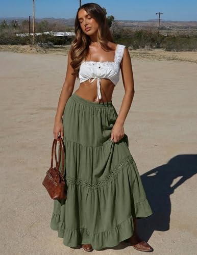 Zelroxa Long Cotton Skirts for Women Summer Boho Maxi Flowy Lace Crochet A Line Tiered Pleated High Waisted Beach Vacation Midi Linen Skirts 2026 Trendy Clothes Outfits ArmyGreen — view 6